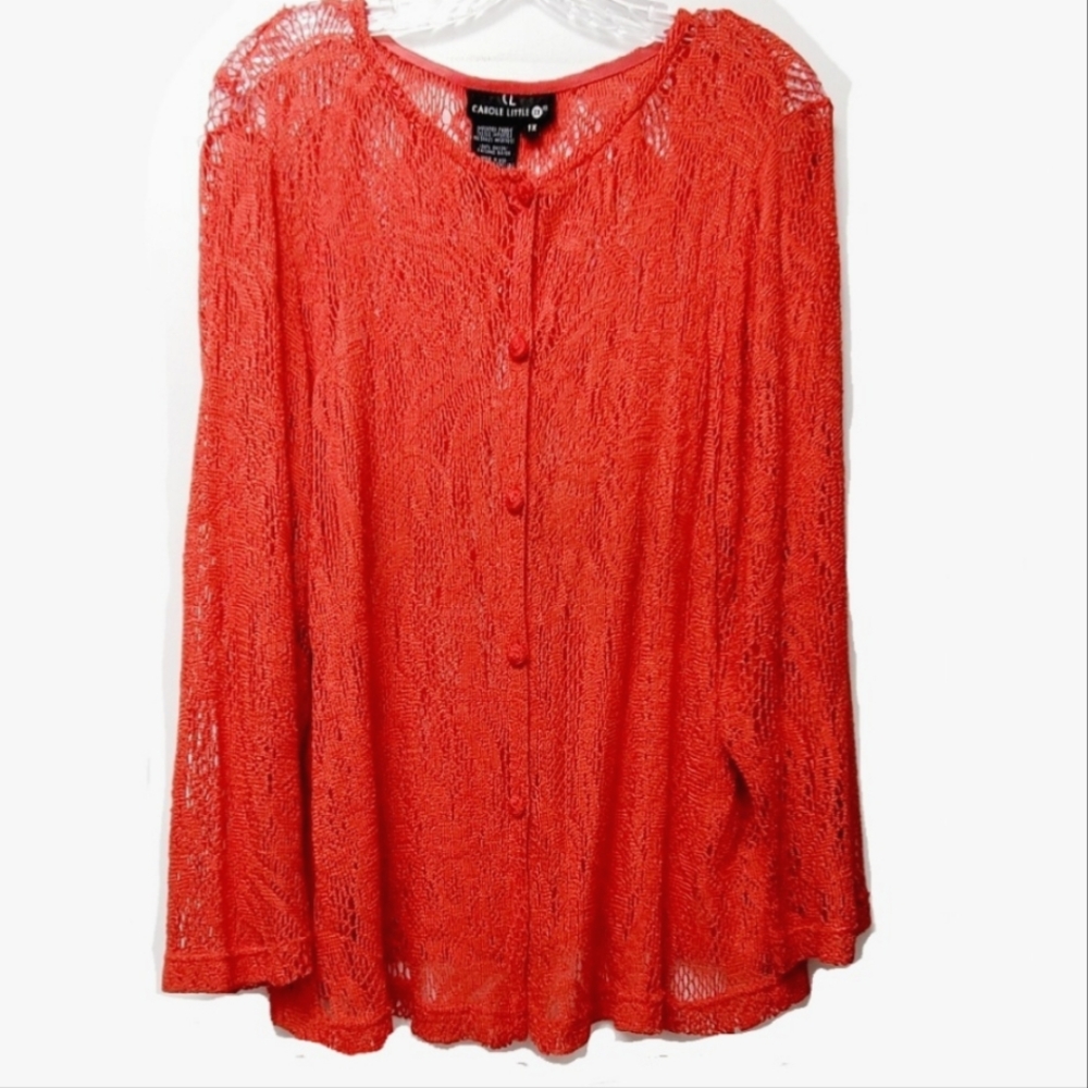 Vintage Carole Little Red Crochet Cardigan Italian Fabric Yarn Size 1X
